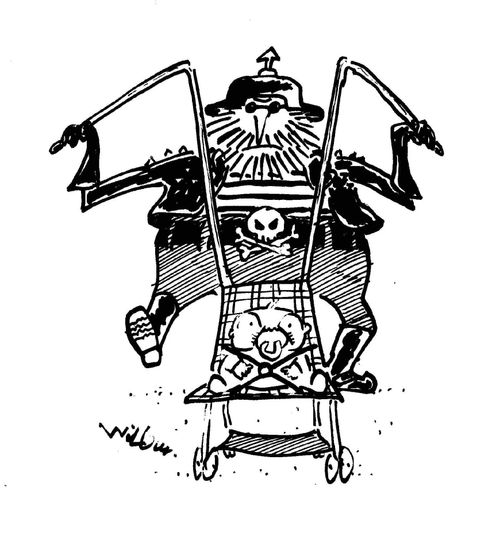 Hell's Angel and baby buggy.