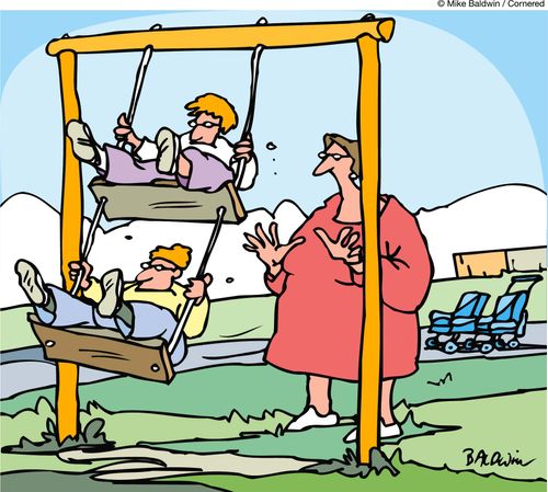 Mother pushes twins on a double-decker  swing.