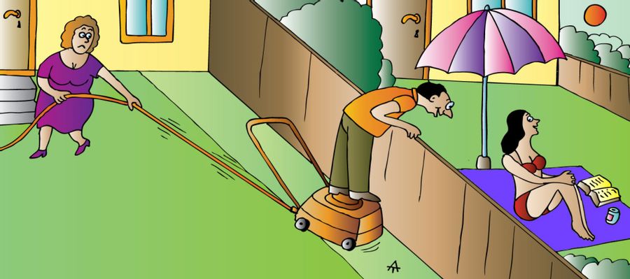 Peeping Tom Husband Dragged Away By His Wife.