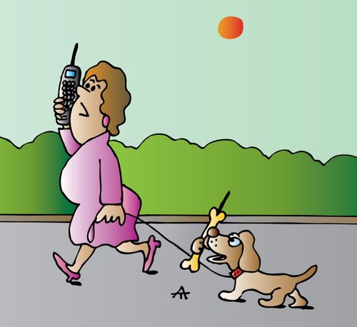 Woman and dog with mobiles