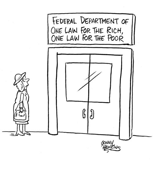 Lady sees sign: 'Federal Department of  One Law for the Rich, One Law for the Poor'