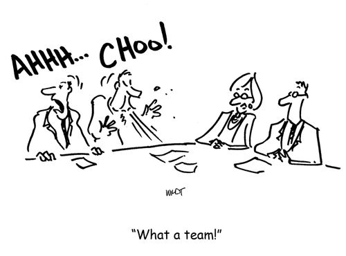 one man finishes another's sneeze as a team.