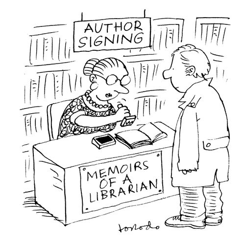 Librarian signing her memoirs with stamp.