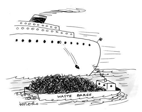 Bottle being thrown onto waste barge from ocean liner.