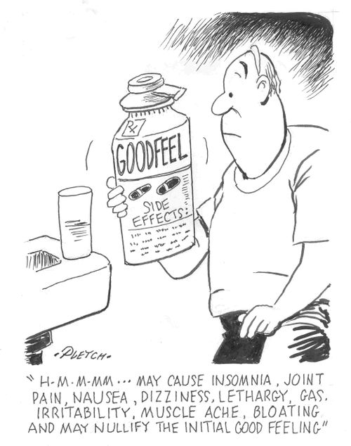 'H-m-m-mm...may cause insomnia, joint pain, nausea, dizziness, lethargy,gas, irritability, muscle ache, bloating and may nullify the initial good feeling' 