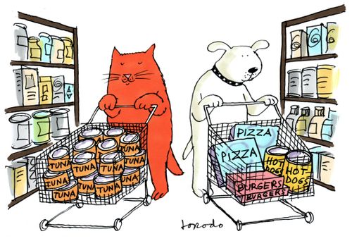 Cat and dog shop for their favourite foods.