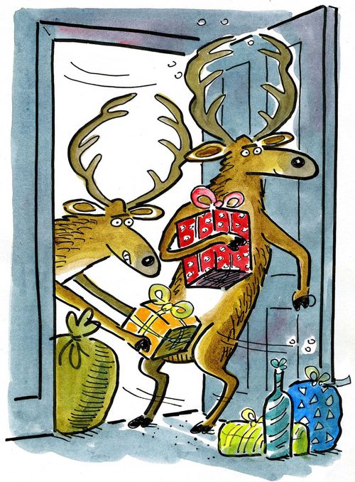 Reindeer delivering presents through door.