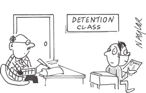 Boy uses a mask in detention so he can read a comic.