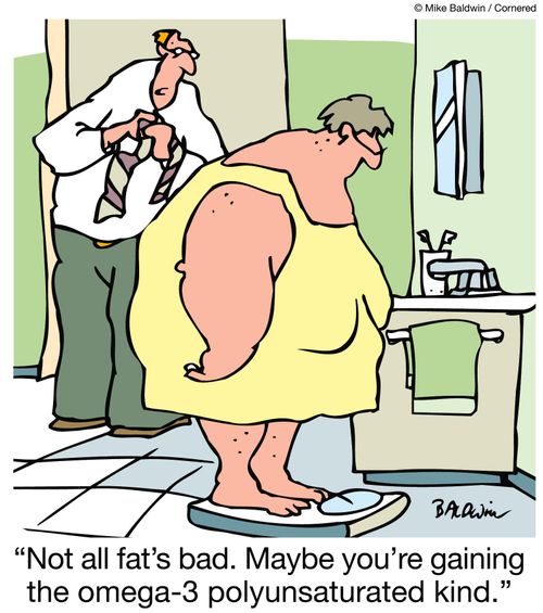 "Not all fat's bad. Maybe you're gaining the omega-3 polyunsaturated kind."