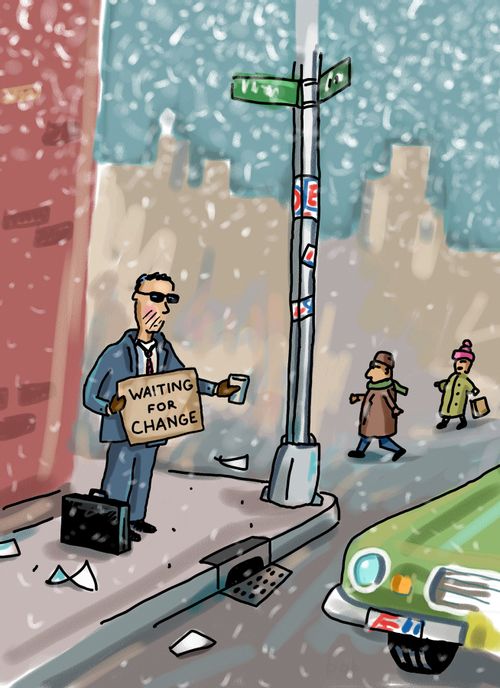 Business man panhandling with sign - waiting for change.