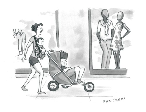 Mother with baby and puppy in a sling and her husband in the buggy.