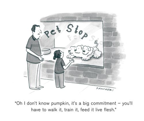 "Oh I don't know pumpkin, it's a big commitment - you'll have to walk it, train it, feed it live flesh."