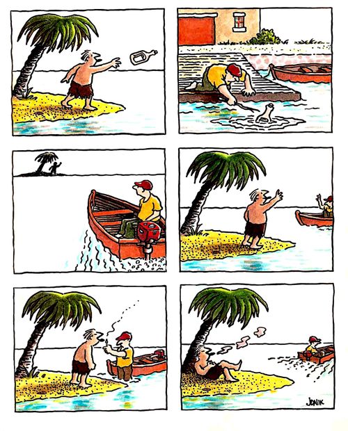 Man on desert island asks for a lighter rather than a rescue.