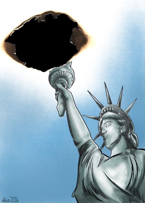Black cloud over Statue of Liberty