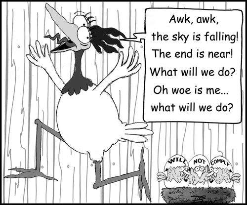 "Awk, awk, the sky is falling! The end is near! What will we do? Oh woe is me...what will we do?"