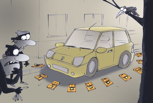 Car robbers foiled by mousetraps surrounding a car.