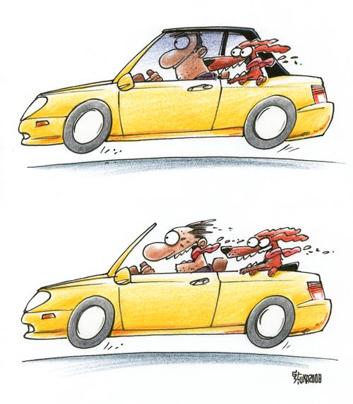 Man and dog hang their tongues out in the wind while driving.