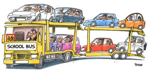 Car carrier trailer doubles as school bus.