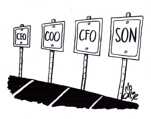Parking signs read: 'CEO COO CFO SON'