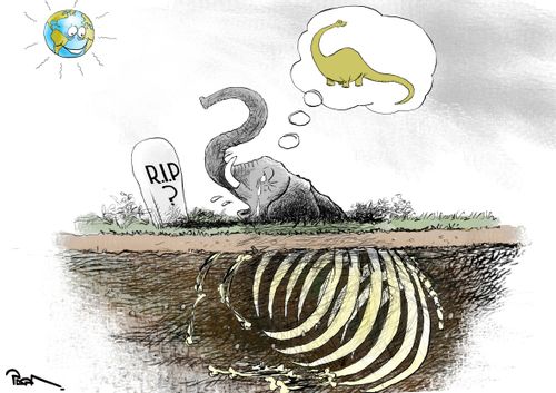 Elephant falls into tar pits and wonders about potential extinction."