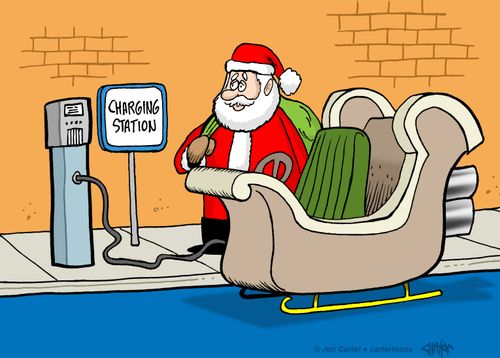 Santa Claus plugs his sleigh into a charging station.