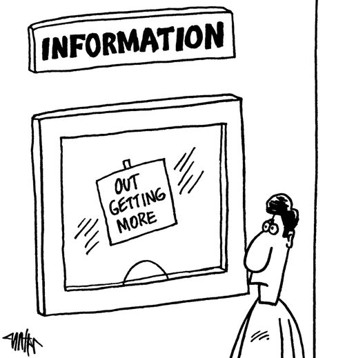 A man reads a sign in an information window that reads, 'Out getting more.'