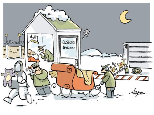 Santa being interrogated by Customs.