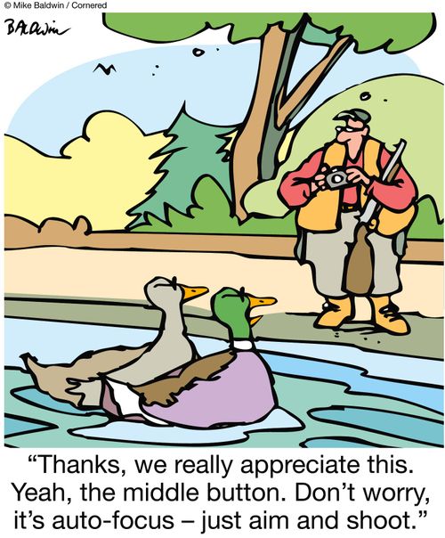 'Thanks, we really appreciate this.  Yeah, the middle button.  Don't worry, it's auto-focus - just aim and shoot.'