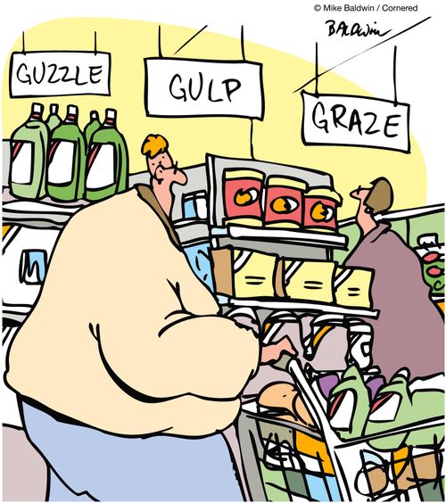 Signs in supermarket - 'gulp', 'guzzle', 'graze'.