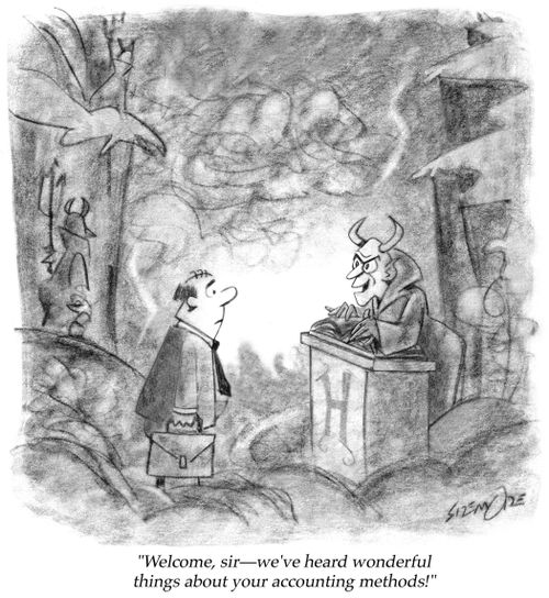 'Welcome, sir?we've heard wonderful things about your accounting methods!'