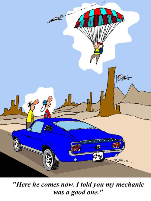 'Here he comes now.  I told you my mechanic was a good one.'