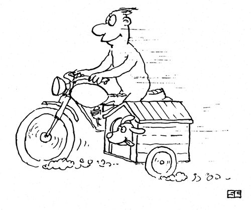 Man on motorbike with side kennel.