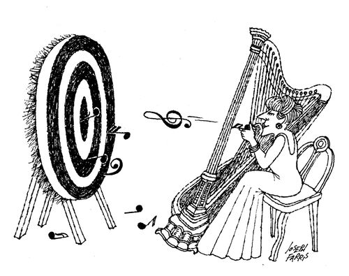 Women using harp as a bow to fire musical notes at a target