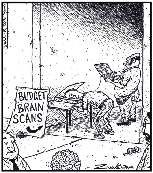 A Con-artist offering brain scans to the public from his flatbed scanner.