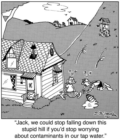  'Jack, we could stop falling down this stupid hill if you'd stop worrying about contaminants in our tap water.'
