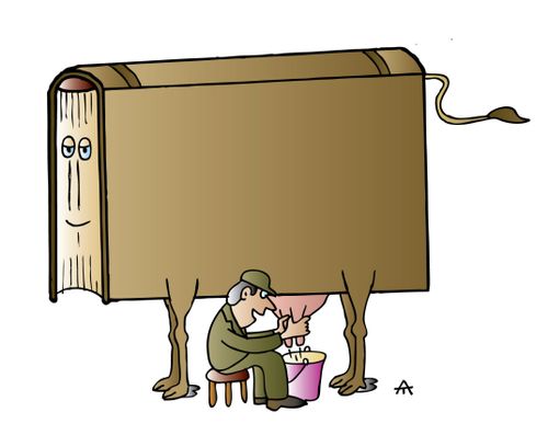 Man milks a book.
