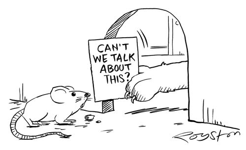 Cat thrusts note through mousehole that reads 'Can't we talk about this?'