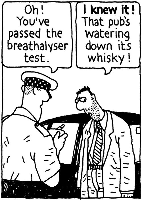 'Oh! You've passed the breathalyzer test.' 'I KNEW IT! that pub's watering down its whisky!'
