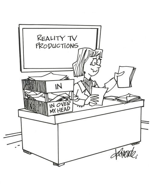 Woman at Reality TV Productions Co. has in out boxes marked IN and IN OVER MY HEAD.