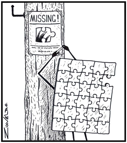 MISSING! / a jigsaw puzzle sticking up a flyer to a pole regarding his missing piece