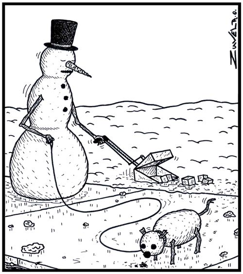 A Snowman using a Pooper-Scooper to pick up his Dog's ice cube Doo Doo