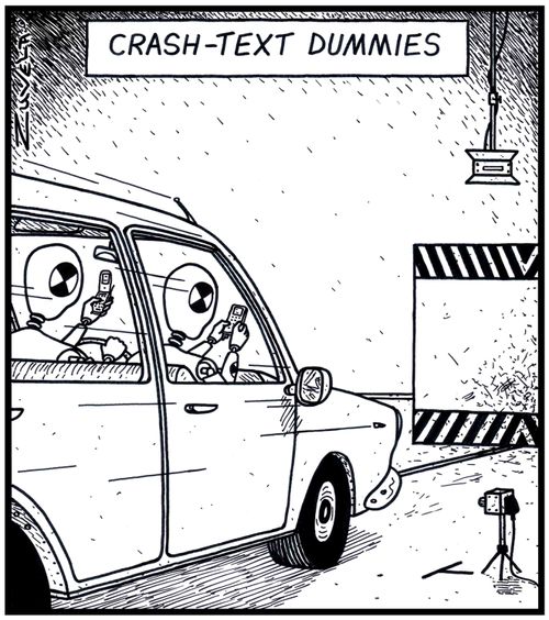 Crash-text Dummies: Two Crash-test Dummies texting about to crash into the Crash Test barrier.