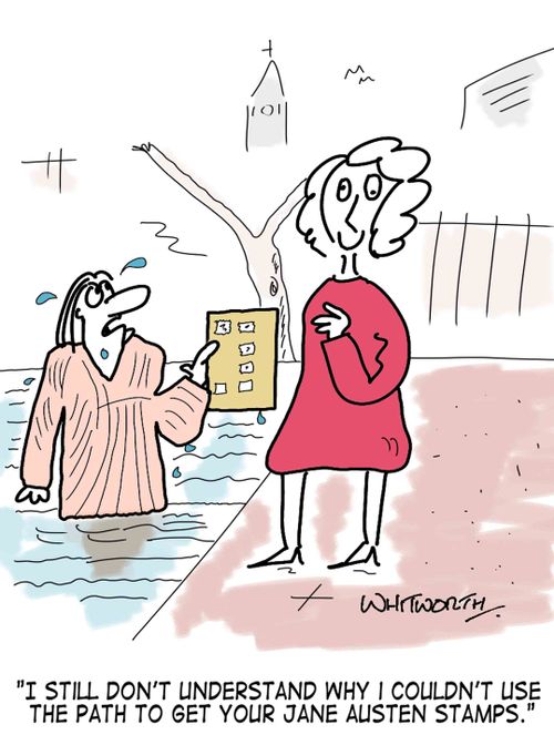 'I still don't understand why I couldn't use the path to get your Jane Austen stamps.'