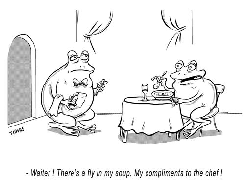 "Waiter! There's a fly in my soup. My compliments to the chef!"