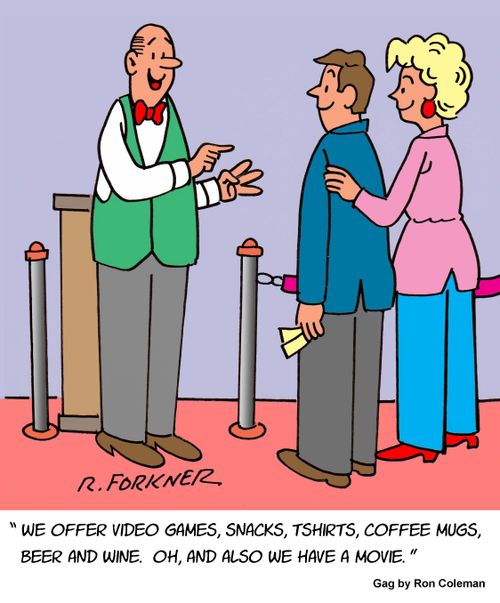 "We offer video games, snacks, t-shirts, coffee mugs, beer and wine. Oh, and we also we have a movie."