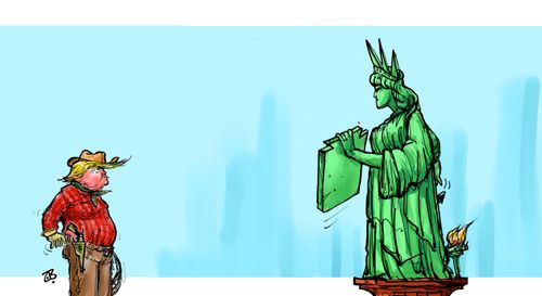 The Statue of Liberty and Trump at high noon.
