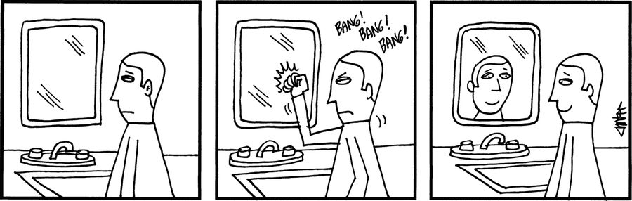 Man bangs on a malfunctioning bathroom mirror to get his reflection to show.