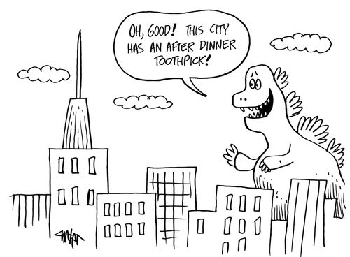 'Oh good! This city has an after dinner toothpick!'
