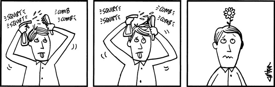 A man is spraying his hair with water to style it and a flower grows out of his hair.