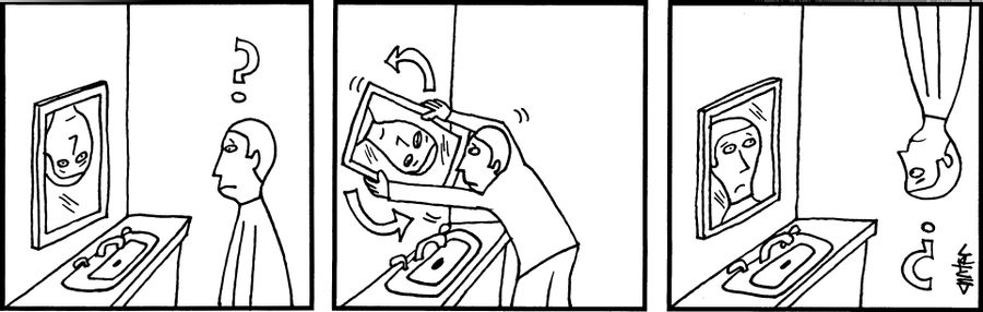 A man sees his upside down reflection in the mirror. After turning the mirror over, the man himself turns upside down.
